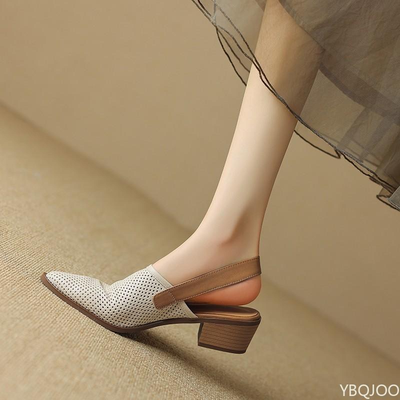 Fashion Women 2025 New Fashionable Pointed Shoes Women Simple Versatile Square Heel Shoes Knitted Mesh Breathable Hollow Out Sandals