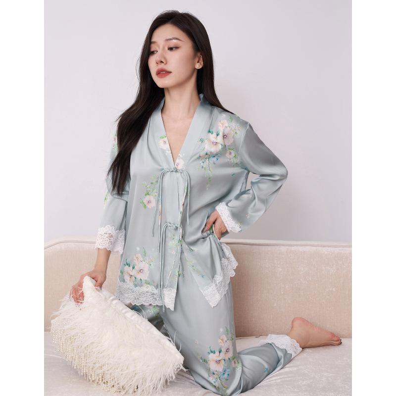Pigiama da donna floreale in raso di seta 2 pezzi maniche lunghe e pantaloni set da casa scollo a V pigiama sexy può essere indossato all'esterno
