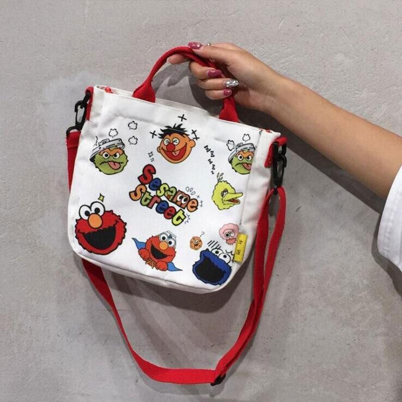 Sesame Street Crossbody Bag, Female Cartoon Harajuku Student Canvas Bag, Female Single Shoulder Large Capacity Handbag Bag