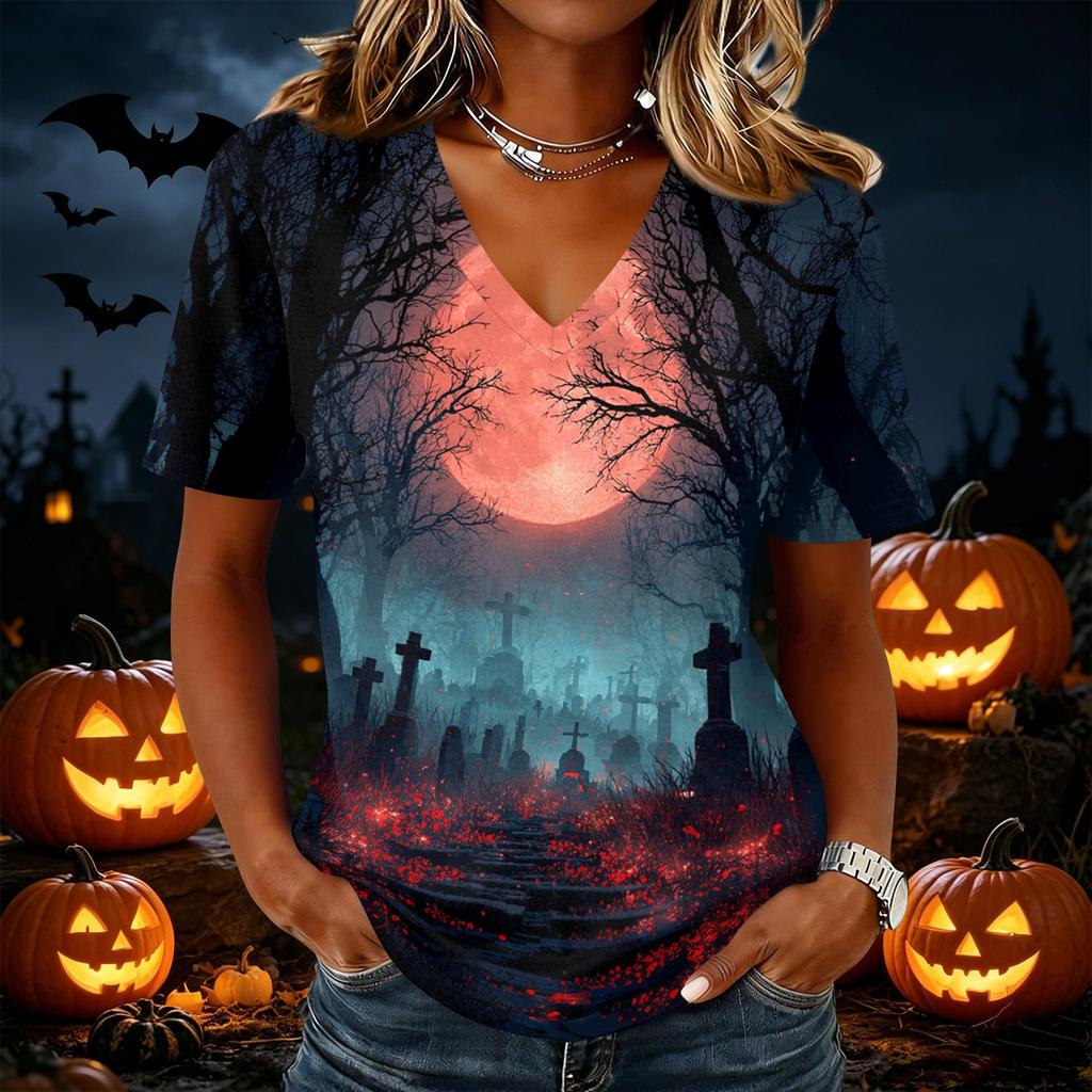 Womens Casual Short Sleeve V Neck Pullover Top Halloween Graveyard Print Lightweight Soft Fabric Tee Shirt