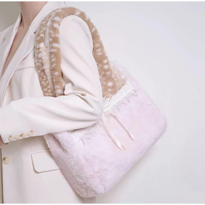 Cute Pink & Brown Plush Tote Bag Lace Bow Decor Soft Shoulder Bag Sweet Lolita Style Large-capacity Handbag Furry Crossbody Bag