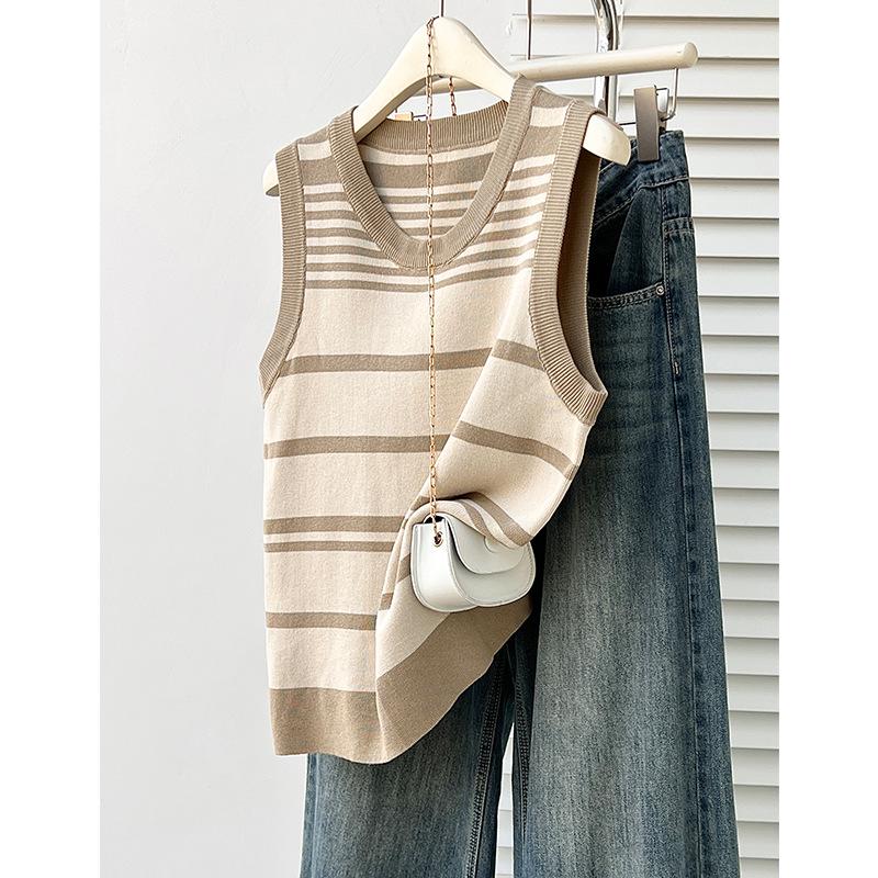 2026 Summer Plus Size French Stripe Knit Sleeveless Camisole for Women 2XL (135-165 lbs)