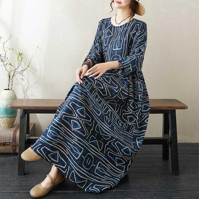 Round Neck Loose Plus Size Literary Vacation Plus Sleeve Dresses