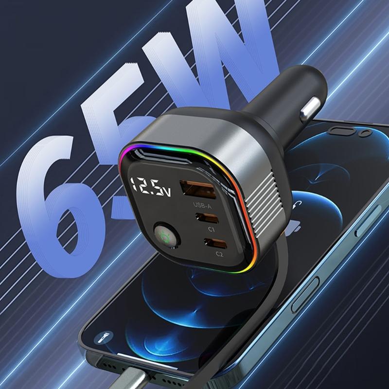 High Power Car Charger PD65W Retractable USB C Cable with 18W USB A /Type C Port Voltages Display Intelligent Protections