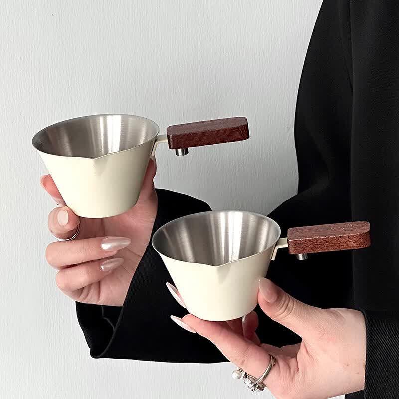 Walnut Wood Handle Stainless Steel Espresso Measuring Cup 100ml