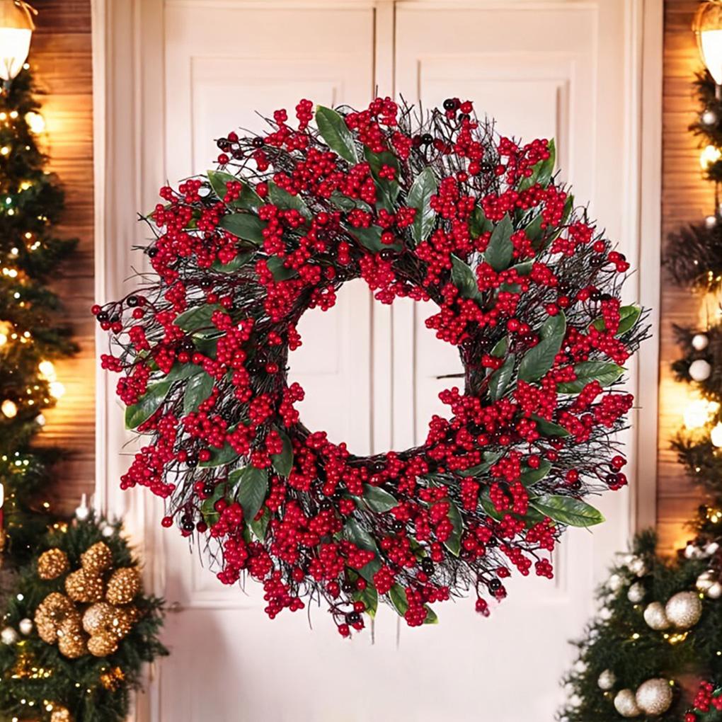 Christmas Decoration Wreaths for Front Door Cypress Leaf Red Berry Pine Handmade Wreath Xmas Home Wall Window Decor 45cm