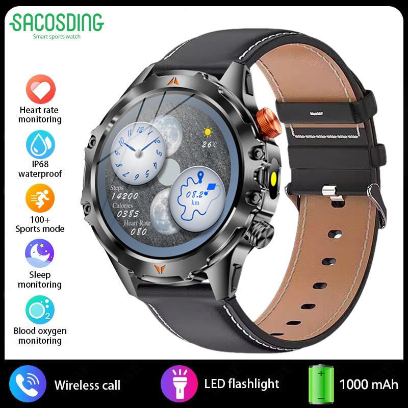 SACOSDING Men Smart Watch Compass LED Flashlight BT Call Heart Rate Sleep Health Monitoring Outdoor Sports Fitness Smartwatch