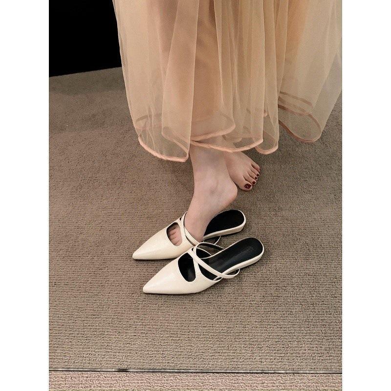 French thick heel temperament bag head half slippers women's shoes wear 2025 new spring and summer pointed retro style single shoes