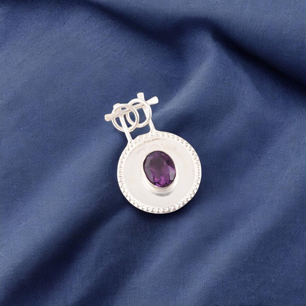 Amethyst Edelstein 925 Sterlingsilber Schmuck Handgefertigt Lünettenfassung Anhänger 1,4" PP-57-12