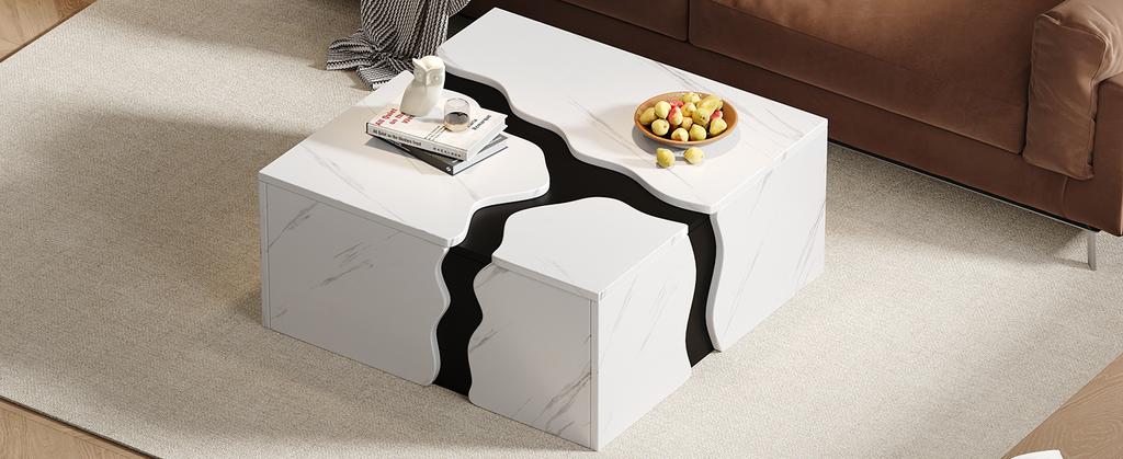 Table Basse de Salon, 70 x 70 x 31 cm, Design Géométrique en Forme de Cube, Table d'Appoint avec Tiroir, Table avec Placage Marbre de Forme Unique