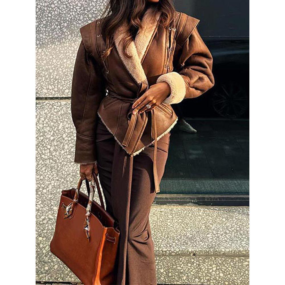 Elegant Pu Patchwork Jacket with Belt Women Fashion Long Sleeves Drawstring Tie Coat Female Thick Street Outwear