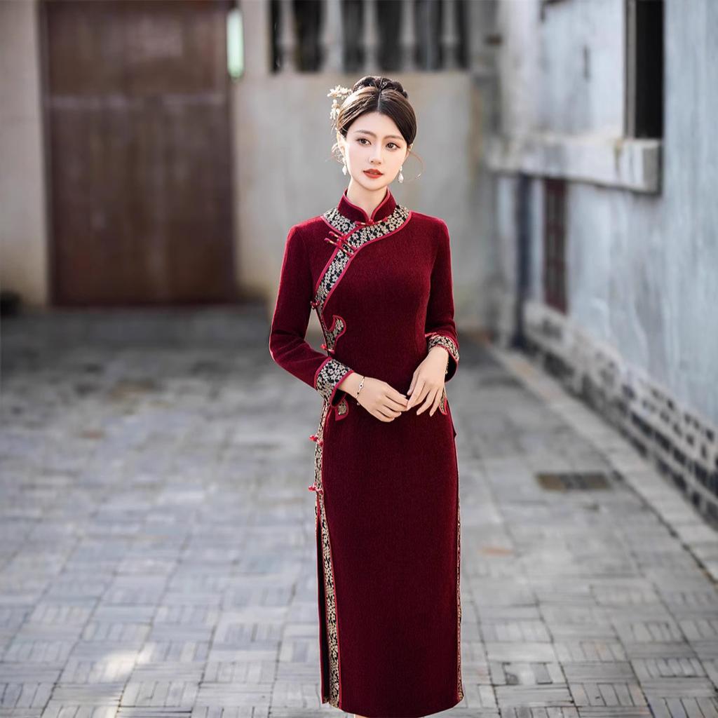 Chenier Cheongsam Thickened Large Size Dress Improved Chinese Style Daily Wear Winter Mother Long Sleeves Autumn and Winter