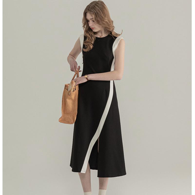 Spring Summer Women O Neck Comfortable Elegance Sleeveless Temperament High Waist A Line Simple Solid Color Long Dress