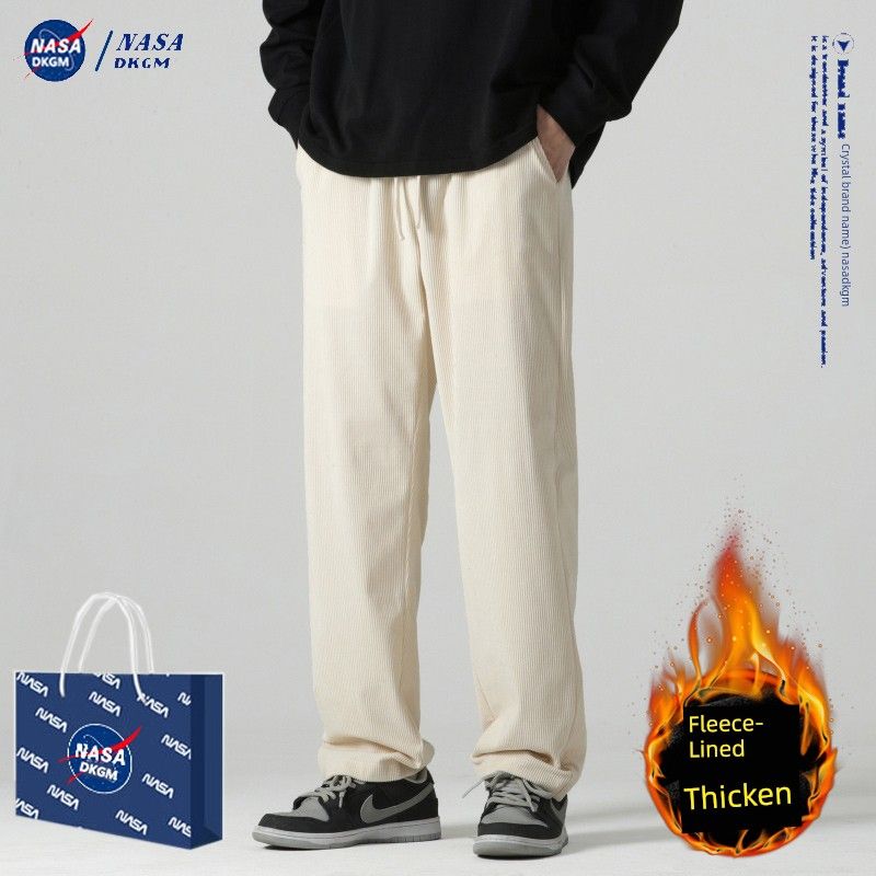 Nasa Corduroy Pants for Men, New Autumn and Winter Style, Loose Straight-Leg Fleece-Lined Wide-Leg Pants for Boys, Sports Casual Long Pants