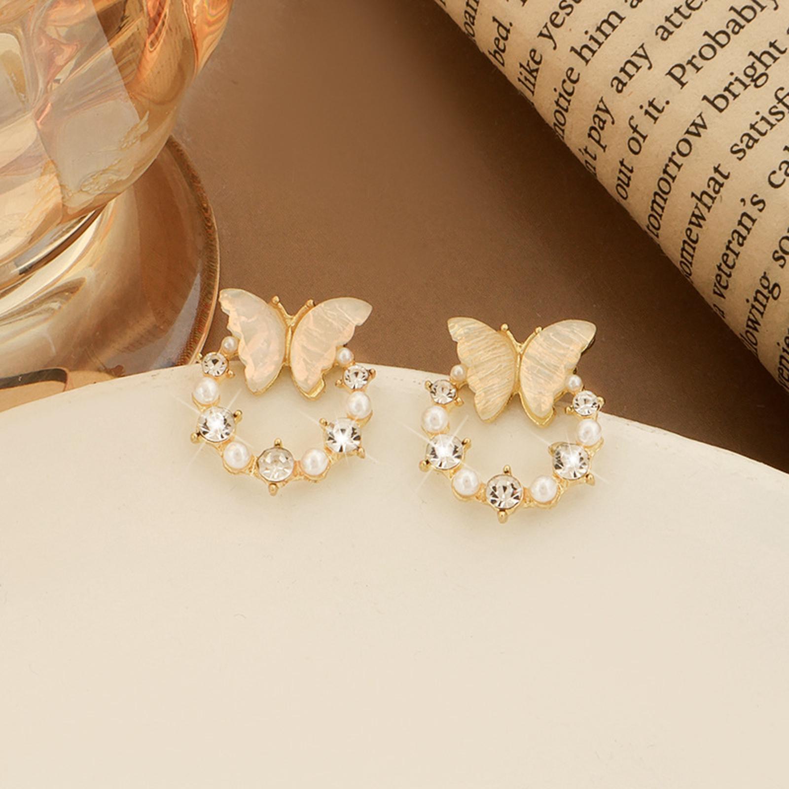 

Butterfly Shaped Stud Earrings with Pearl and Crystal Accents Lightweight Fashion Jewelry for Women and Girls