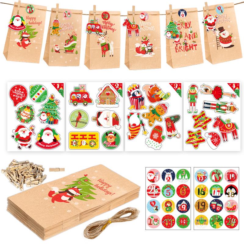 Christmas Advent Calendar Kraft Gift Bags Set - 24 Pieces