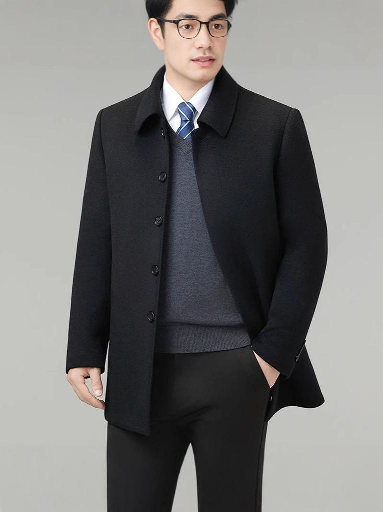 Men's Mid-Length Cashmere Coat with Detachable 90% Duck Down Liner - Warm Wool for Autumn/Winter