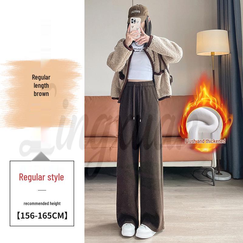 2026 Fall/Winter Off-White High-Waisted Cashmere Wide-Leg Pants with Velvet, Casual Floor-Length for Women