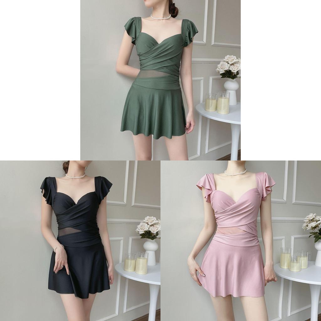Classic Solid Female One Piece Swimsuit With Steel Boned Bust For Water Activities
