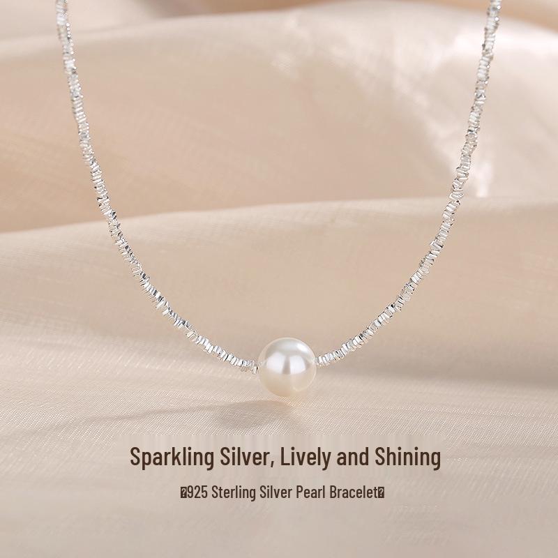 S925 Sterling Silver Round Imitation Pearl Necklace - Women's Trendy French Clavicle Chain
