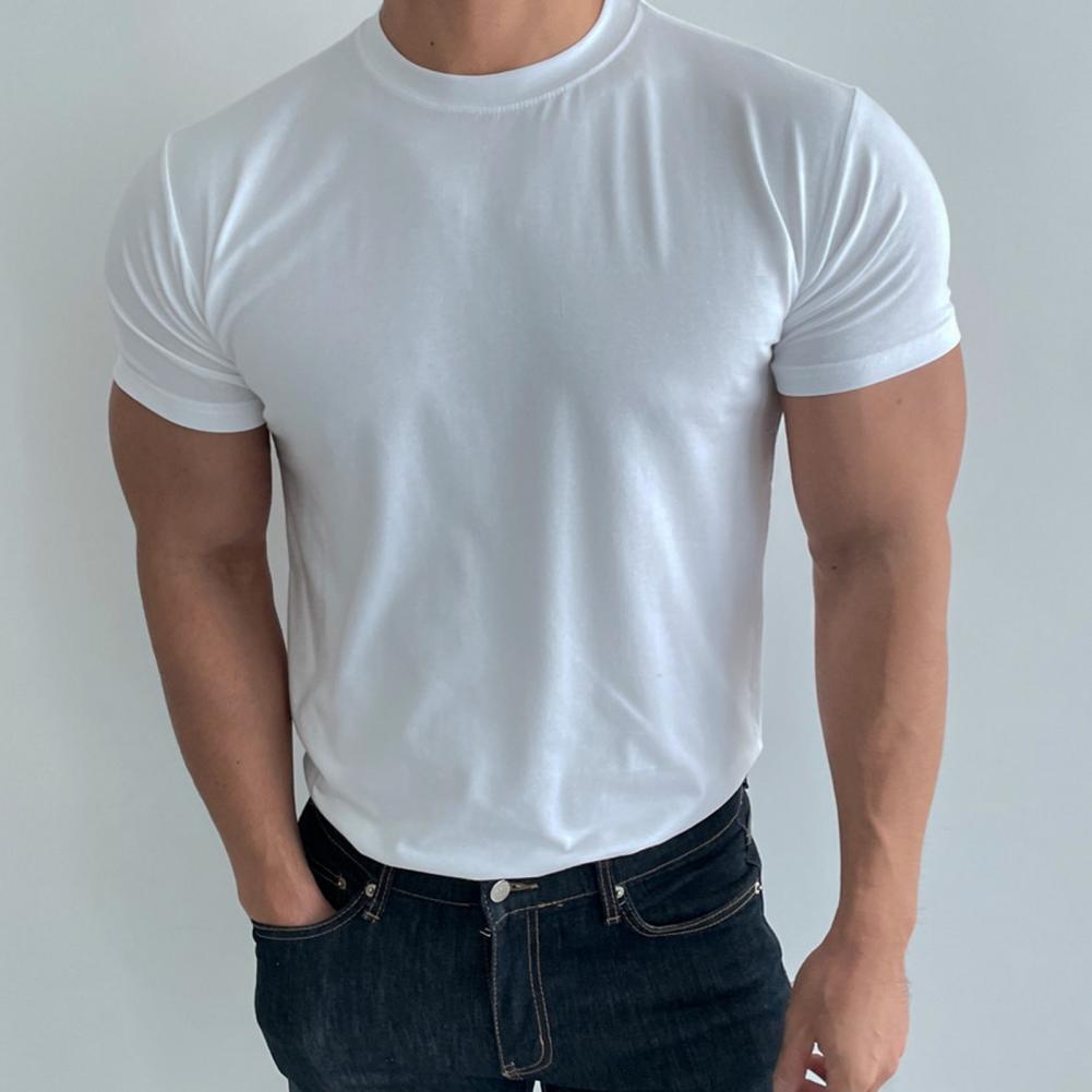 Summer Men Top Sweat Absorption Quick-drying Short Sleeves O Neck Slim Fit Solid Color Thin Breathable Elastic Casual Pullover D