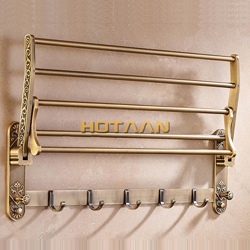Faltbarer Handtuchhalter aus antiker Messing, Doppelregal Badezimmerhalter mit Haken, Platzsparende Badaccessoires zur Wandmontage