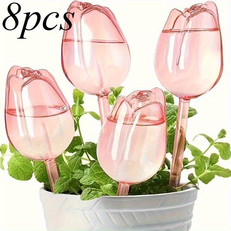 8 Pcs Pink Tulip Plastic Watering Globes, Narrow Neck Slow Drip Self Watering for Indoor Outdoor Potted Plants and Hanging Baskets