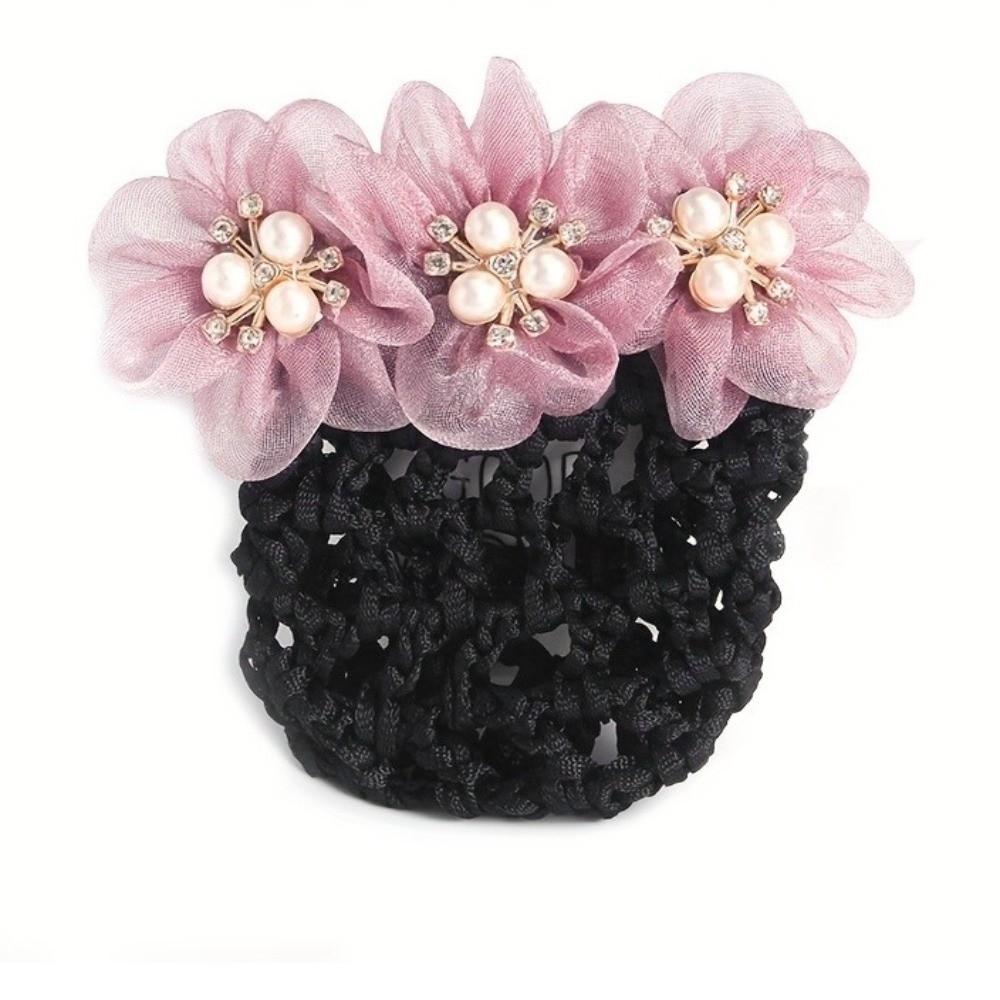 Elegant Imitation Pearl Delicate Flower Hair Net Dual-Use Cloth Cover Net Spring Clips Ornament Colorful Bun Net Snood Korean