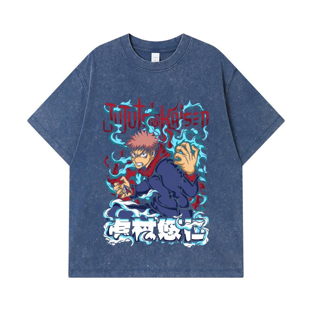 275 GSM Washed T-shirts 100 Cotton Jujutsu Kaisen V50 Yuji Print Unisex Heavy Cotton T Shirt 2XL королевский синий 2200₽