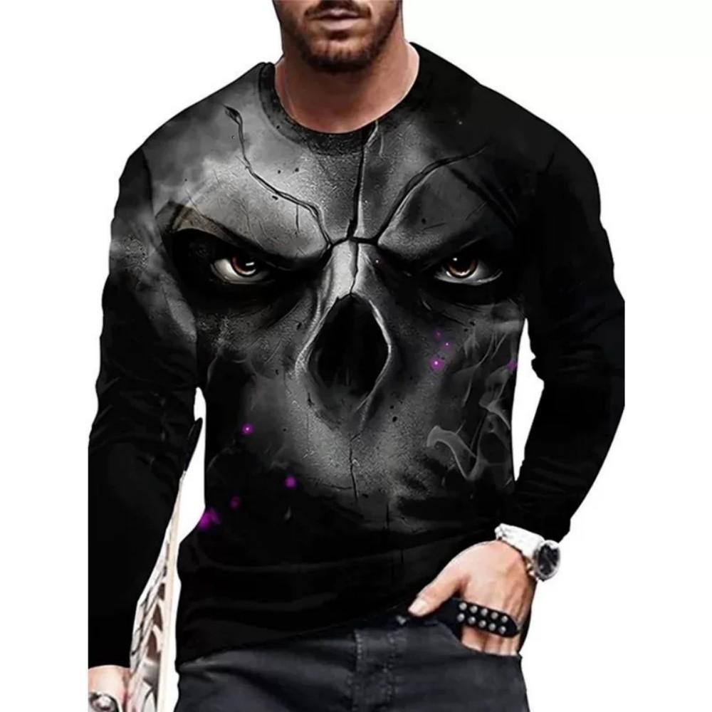 Edgy Skull Graphic Long Sleeve T-Shirt, Cool Streetwear Top for Men