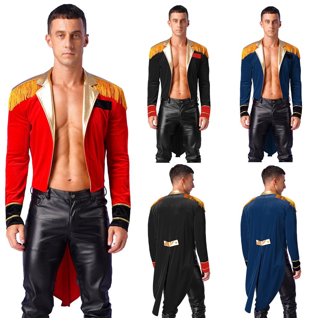 Mens Circus Ringmaster Costume Long Sleeve Metallic Lapel Showman Jacket Halloween Theme Party Tailcoat