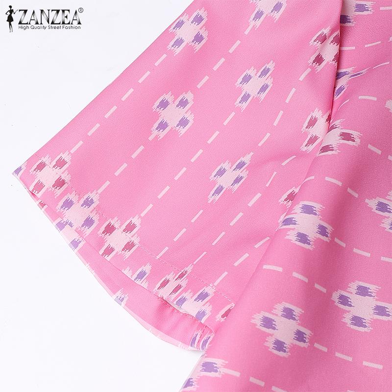ZANZEA Women Casual Lace Up V-Neck Short Sleeve Print Dress