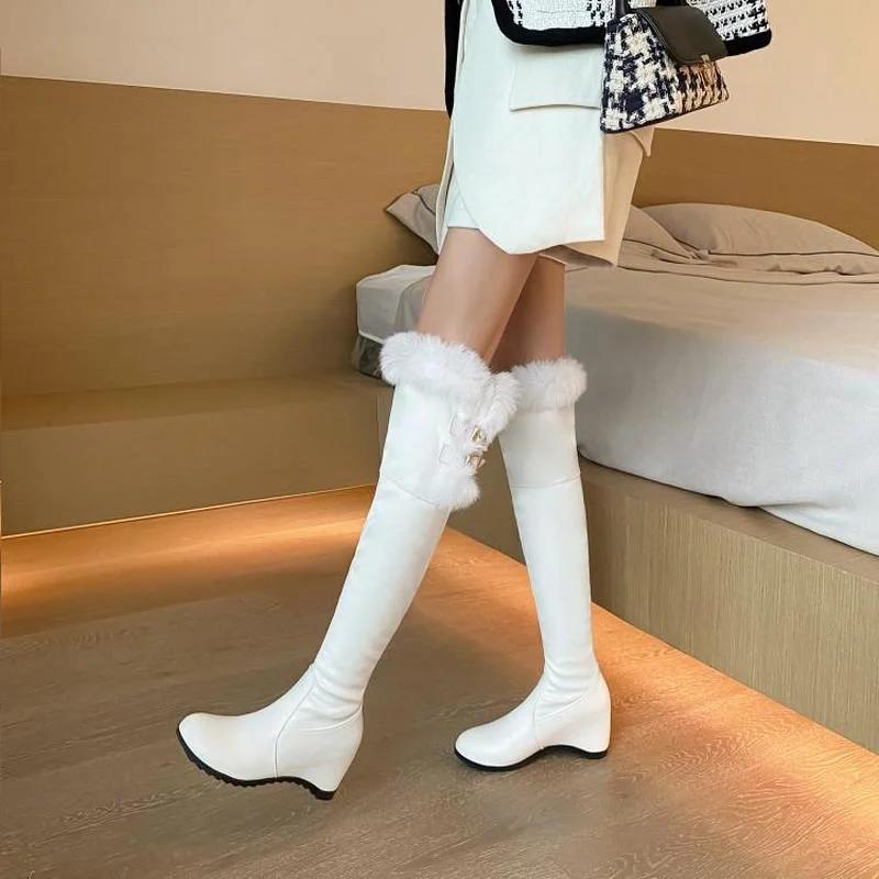 New Winter Snow Boots Women Warm Fur Long Boots Casual Wedge Heels Over The Knee Boots Female Black White Shoes