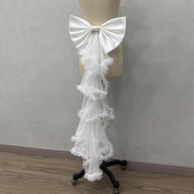 Classical Wedding Sash Bows Waist Decoration Large Bows Towing Multilayer Sheer Veil For Wedding Bride Waist Styling