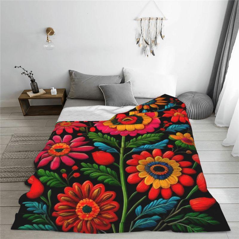 Custom Sofa Fleece Mexican Flowers Art Pattern Throw Blanket Warm Flannel Blankets for Bed Car Sofa Quilt