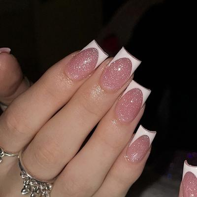 24 Pièces Manucure Poudre Simple Nude Faux Ongles Bord Blanc Français Paillettes Ongle Flash Pièce Faux Ongles Pièce Ongle