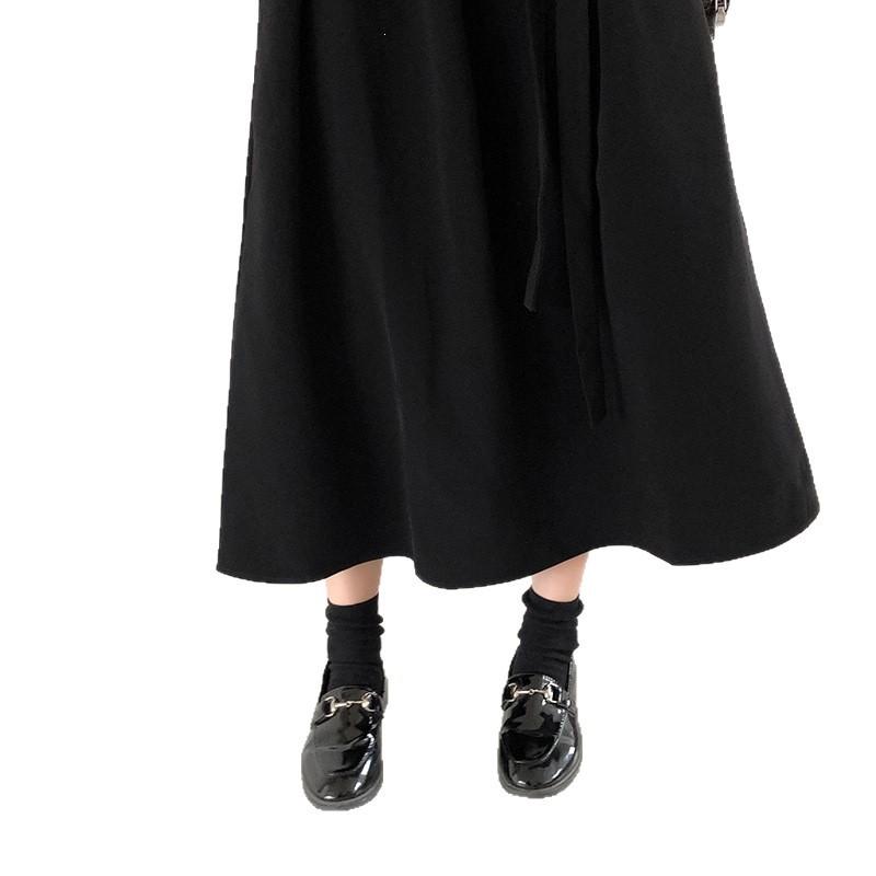 Hepburn style wears autumn and winter black new waist and thin long dress women's classic versatile shirt collar dress