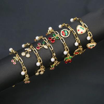 New Design Gold Plated Cherry Charm Bracelet Cherry Crystal Adjustable Pendant Bracelet Fruit Casual Metal Bracelet Party