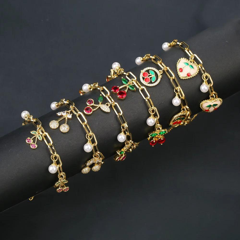 Fruit Cherry Charm Bracelet Gold Plated Metal Bracelet New Design Cherry Pearl Bracelet  Party