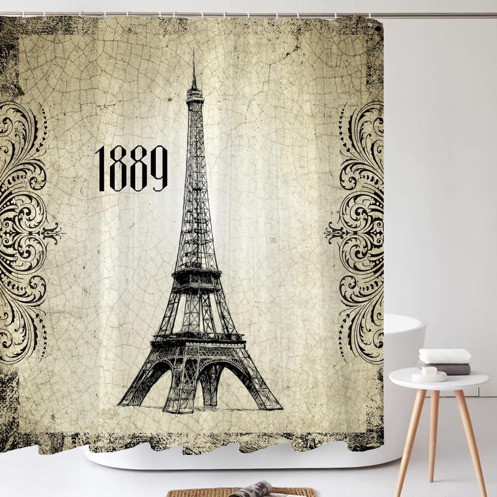 Nordic Retro Paris Tower Printed Shower Curtain With Hooks For Waterproof Polyester Fabric Bathtub Curtains Bathroom Decor