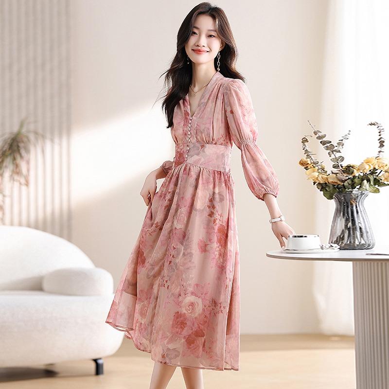 Romantic  Pink Floral Lantern Sleeve Beautiful Dress for Autumn
