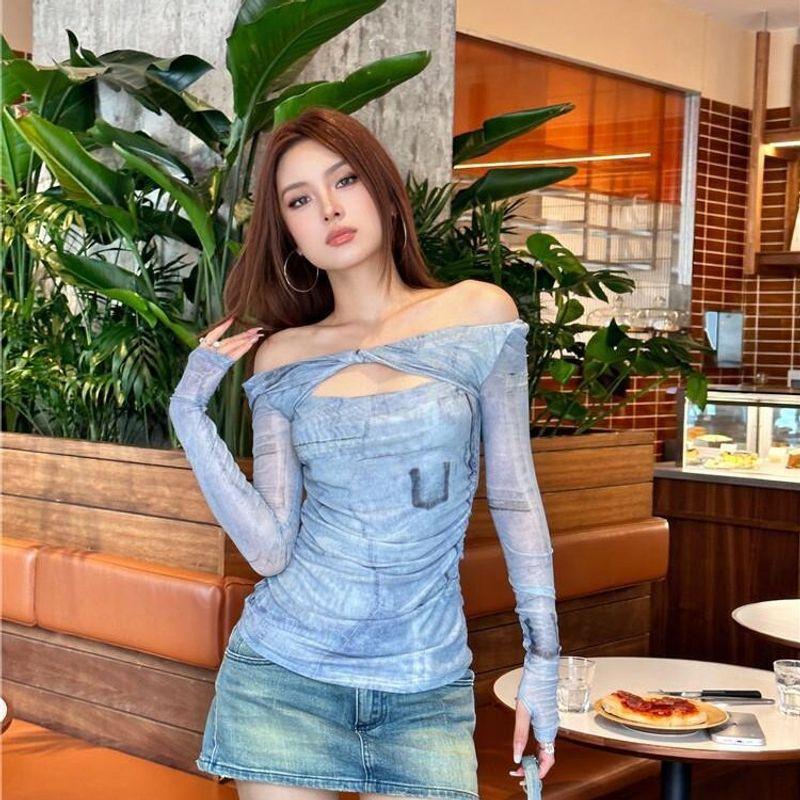 American Retro Hot Girl Style Tie-Dye One-Shoulder Mesh Pleated Long-Sleeved T-Shirt for Women Summer Slim Fit Short Top