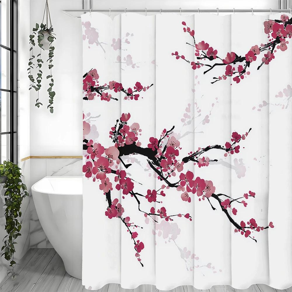 Chinese Ink Painting Peach Blossom Shower Curtain, Bathroom Decorative Shower Curtain, Waterproof Shower Curtain with Hooks