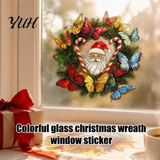 Creative Window Stickers for Home Christmas Wreath Sticker, Stained Glass Style, Removable Santa Butterfly Candy Cane Party Decor Decal, PVC