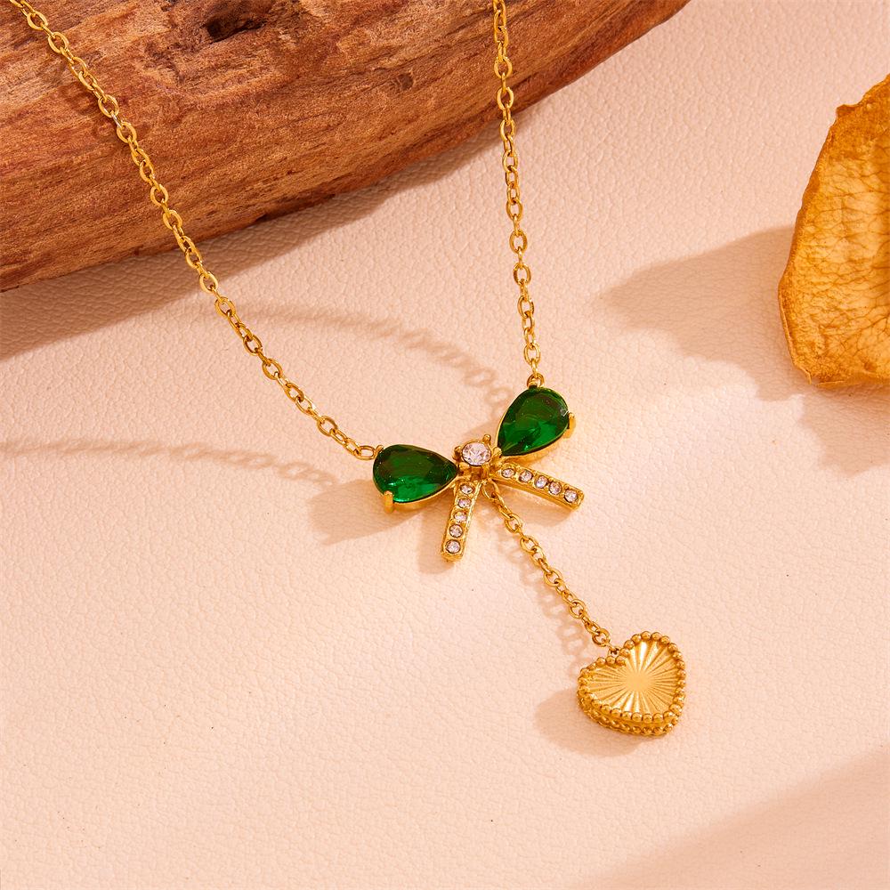 Stainless Steel Green Diamond Butterfly Heart Tassel Earring  Necklace Set in Non-Fading Titanium Steel