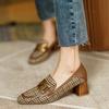 Fashion HOT SALES Women Loafers Square Toe Chunky Heel Shoes for Women Spring Women Shoes Lattice Women Pumps Cow Leather Handmade Shoes