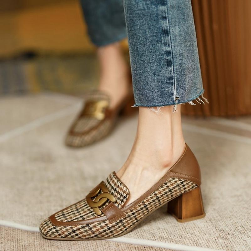 Fashion HOT SALES Women Loafers Square Toe Chunky Heel Shoes for Women Spring Women Shoes Lattice Women Pumps Cow Leather Handmade Shoes