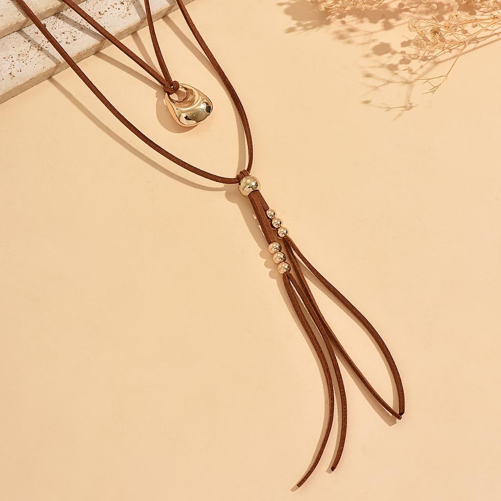 Boho Western Lariat Necklace for Women - Brown Suede Cord with Tassel - Adjustable Long Pendant Bohemian Beach Jewelry