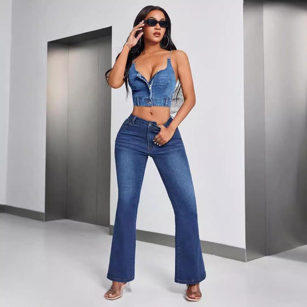 Women's Deep V Backless Denim Suspender Tank Top