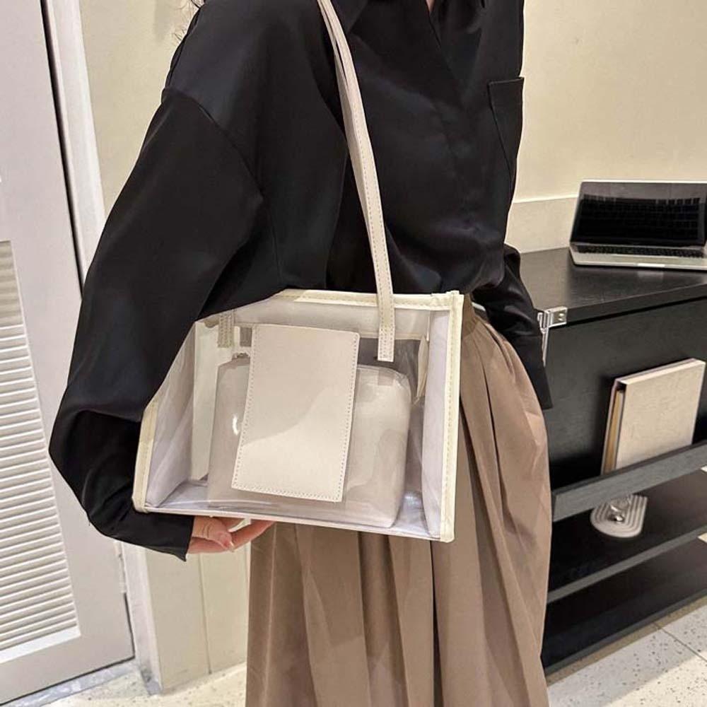 2pcs/set Elegant Transparent Jelly Bag PU Leather Handbag Clutch Bag Clear PVC Shoulder Bag Travel